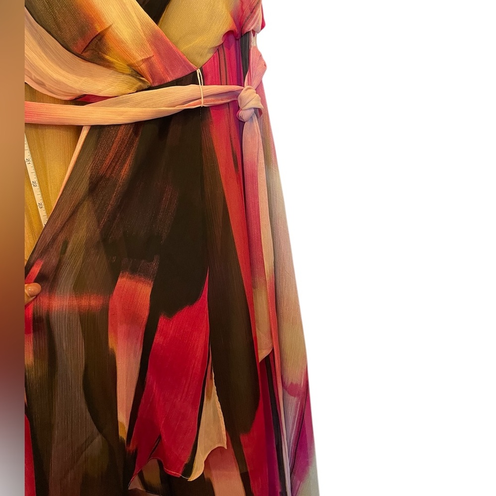 DKNY Pink/Black/Beige Print V-Neck Surplice Tie-Waist High-Low Dress - Size 14W - Picture 4 of 16